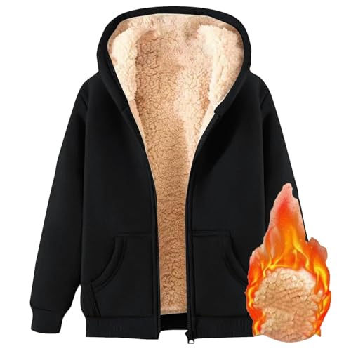Fleecejacke Damen Winter Teddy Fleece Hoodie mit Reißverschluss und Kapuze Sweatshirt Warm Gefüttert Plüschjacke Einfarbig Casual Kapuzenpullover Langarm Locker Oberteile Große Größen Teddyjacke von YULONGESS