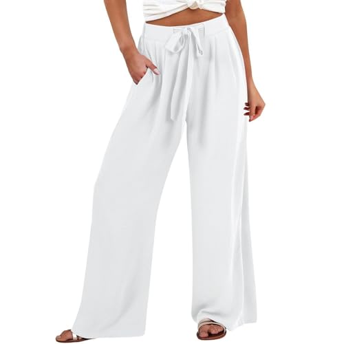Leinenhose Damen Baumwolle Leinen Hose mit Taschen Casual Sommerhose Weite Bein Sommer Stoffhose Einfarbig Leicht Freizeithose Hohe Taille Lose Strandhose Luftige Lang Leinenhosen Bequem Frauen Pants von YULONGESS