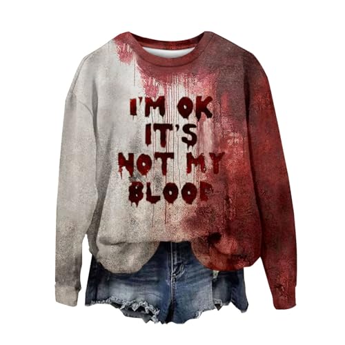 Problem Gelöst Halloween Kostüme Damen I´m Fine Print Rundhals Langarm Pullover mit Blutigem Muster Halloween Kostüme Blutige Wunde Langarmshirt Soft Locker Pulli Autumn Winter Oberteile Bluse von YULONGESS