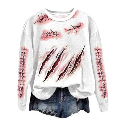 Problem Gelöst Halloween Kostüme Damen I´m Fine Print Rundhals Langarm Pullover mit Blutigem Muster Halloween Kostüme Blutige Wunde Langarmshirt Soft Locker Pulli Autumn Winter Oberteile Bluse von YULONGESS