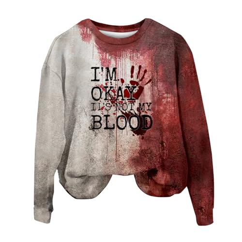 Problem Gelöst Halloween Kostüme Damen I´m Fine Print Rundhals Langarm Pullover mit Blutigem Muster Halloween Kostüme Blutige Wunde Langarmshirt Soft Locker Pulli Autumn Winter Oberteile Bluse von YULONGESS