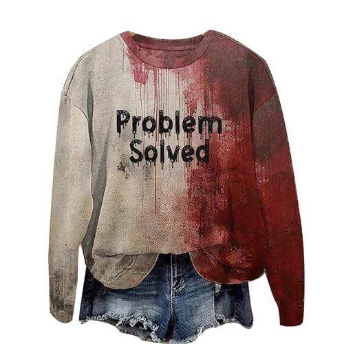 Problem Gelöst Halloween Kostüme Damen I´m Fine Print Rundhals Langarm Pullover mit Blutigem Muster Halloween Kostüme Blutige Wunde Langarmshirt Soft Locker Pulli Autumn Winter Oberteile Bluse von YULONGESS