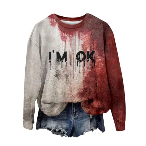 Problem Gelöst Halloween Kostüme Damen I´m Fine Print Rundhals Langarm Pullover mit Blutigem Muster Halloween Kostüme Blutige Wunde Langarmshirt Soft Locker Pulli Autumn Winter Oberteile Bluse von YULONGESS