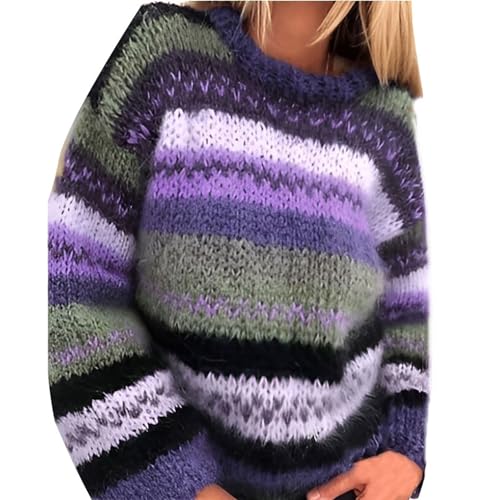 Pullover Teenager Mädchen Gestreift Farbblock Winterpullover Langarm Warm Oberteile Rundhals Grobstrick Pullover 2024 Weich Strickpullover Long Übergroße Sweater Freizeit Sweatshirt Langarmshirt Tops von YULONGESS