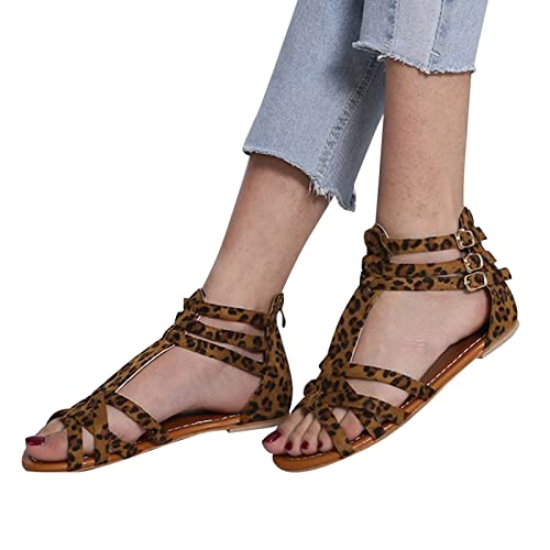 Sandals Women's Hausschuhe mit Leder-Laufsohle Sommer Flache Zehentrenner Sandaletten Bohemian Hang offene Zehen große Keilsandalen Schnalle Gürtel Leichter Freizeit Sandalen Outdoor-Damen-Hausschuh von YULONGESS