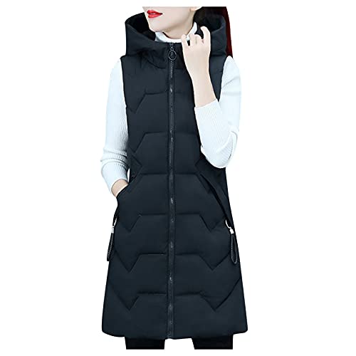 Weste Damen,mit Kapuze Steppweste Ärmellose Steppjacke Leichte Lange Schlanke Weste Jacke Einfarbige Reißverschluss Steppjacke Warmer Daunenmantel Steppjacke Bodywarmer Longweste Stehkragen Steppweste von YULONGESS