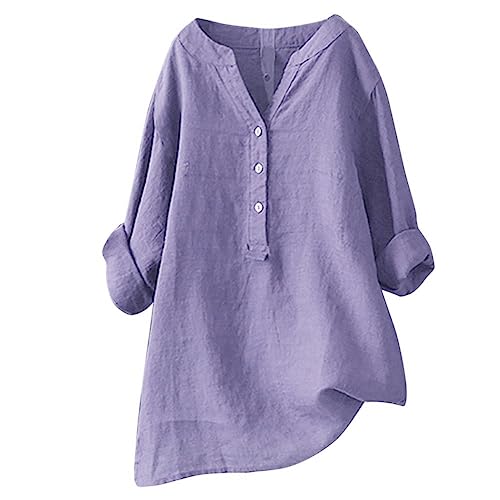 Bluse Damen Elegant, Langarm Casual Oberteile, V-Ausschnitt Tunika Shirt, 3/4 Ärmel Blusen, Lose Baumwolle Tunika Hemd, Knöpfen Langarmshirt, Einfarbig Top, Lässig Hemdbluse, Longshirt von YULONGESS