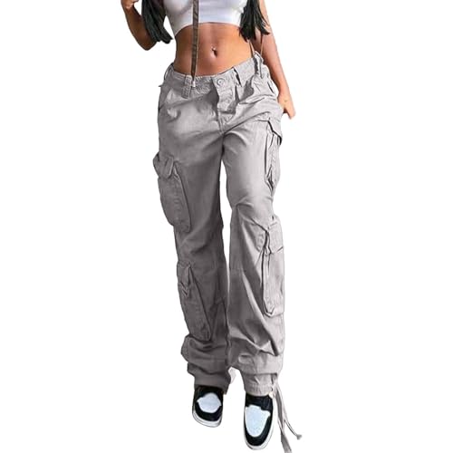 YULONGESS Cargohose Damen Baggy, Y2K Weites Bein Track Pants, High Waist Stretch Wanderhose, Vintage Baggy Hosen, Sport Jogginghose, Lang Freizeithose, Mädchen Cargohosen mit Multi Taschen von YULONGESS