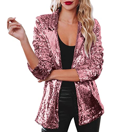 YULONGESS Glitzer Blazer Damen Open Front Pailletten Jacke Elegant Revers Blazer mit Knöpfen Langarm Outwear Hochzeit Cocktail Outfit Slim Fit Glänzend Jacken Leicht Glitzertop Top für Club Cosplay von YULONGESS