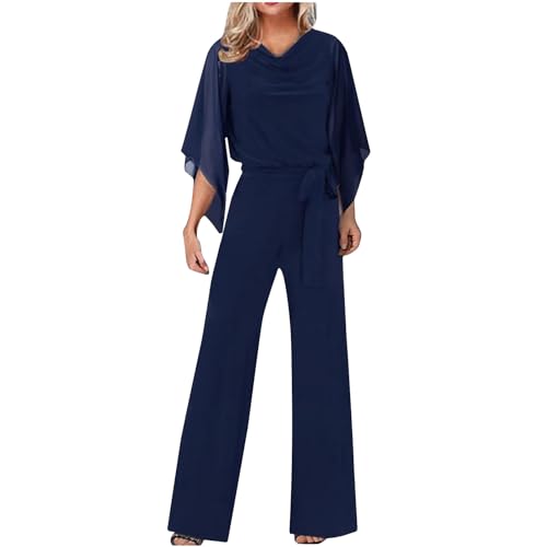 YULONGESS Jumpsuit Damen Sommer V-Ausschnitt Overall Einteiler 3/4 Ärmel Einfarbig Playsuit Festlich Lang Jumpsuit Weites Bein Romper Elegant Hosenanzug mit Gürtel Hohe Taille Strampler Spielanzug von YULONGESS