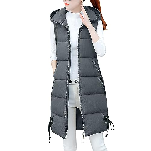 YULONGESS Steppweste Damen Leicht,Weste Mit Kapuze Ärmellose Steppweste Lange Winteroberbekleidung mit Reißverschluss Übergangsweste Mantel Winter Steppjacke Bodywarmer Weste Casual Damenweste von YULONGESS