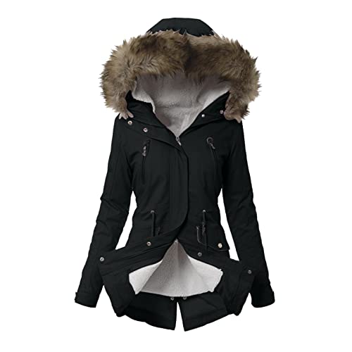 YULONGESS Winterjacke Damen,Parka Jacke,mit Fellkapuze Dicke Steppmantel Mittellanger Atmungsaktive Hoddies Thermo Leicht Kapuzenjacke Futter Schwarz Fleecejacken Zipper Parka Jacke Softshellmantel von YULONGESS