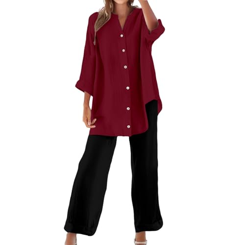Zweiteiler Damen Sommer Musselin Set Baumwolle Leinen Hosenanzug Langarm Oberteile und Sommerhose mit Taschen Kordelzug Freizeitanzug V-Ausschnitt Bluse Weites Bein Leinenhose Two Piece Hausanzug von YULONGESS