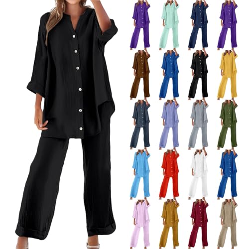 Zweiteiler Damen Sommer Musselin Set Baumwolle Leinen Hosenanzug Langarm Oberteile und Sommerhose mit Taschen Kordelzug Freizeitanzug V-Ausschnitt Bluse Weites Bein Leinenhose Two Piece Hausanzug von YULONGESS