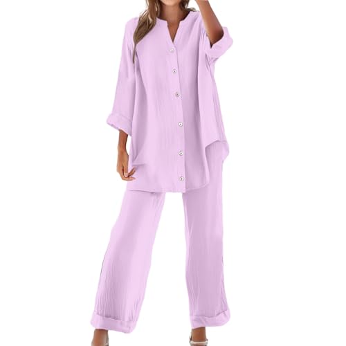 Zweiteiler Damen Sommer Musselin Set Baumwolle Leinen Hosenanzug Langarm Oberteile und Sommerhose mit Taschen Kordelzug Freizeitanzug V-Ausschnitt Bluse Weites Bein Leinenhose Two Piece Hausanzug von YULONGESS