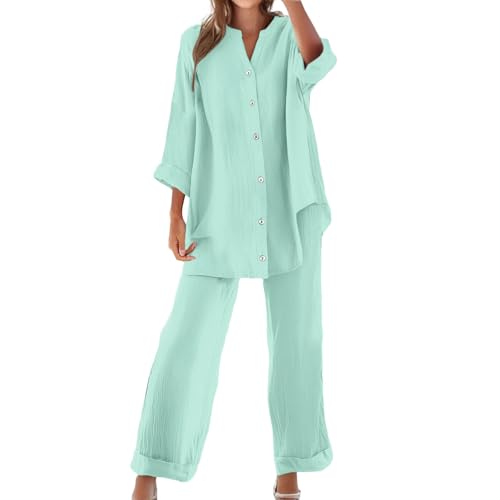 Zweiteiler Damen Sommer Musselin Set Baumwolle Leinen Hosenanzug Langarm Oberteile und Sommerhose mit Taschen Kordelzug Freizeitanzug V-Ausschnitt Bluse Weites Bein Leinenhose Two Piece Hausanzug von YULONGESS
