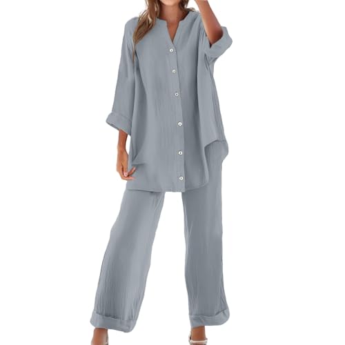 Zweiteiler Damen Sommer Musselin Set Baumwolle Leinen Hosenanzug Langarm Oberteile und Sommerhose mit Taschen Kordelzug Freizeitanzug V-Ausschnitt Bluse Weites Bein Leinenhose Two Piece Hausanzug von YULONGESS