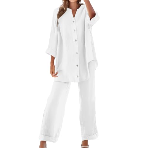 Zweiteiler Damen Sommer Musselin Set Baumwolle Leinen Hosenanzug Langarm Oberteile und Sommerhose mit Taschen Kordelzug Freizeitanzug V-Ausschnitt Bluse Weites Bein Leinenhose Two Piece Hausanzug von YULONGESS