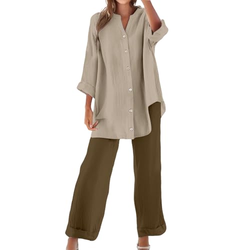 Zweiteiler Damen Sommer Musselin Set Baumwolle Leinen Hosenanzug Langarm Oberteile und Sommerhose mit Taschen Kordelzug Freizeitanzug V-Ausschnitt Bluse Weites Bein Leinenhose Two Piece Hausanzug von YULONGESS