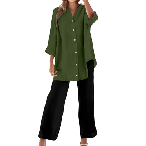 Zweiteiler Damen Sommer Musselin Set Baumwolle Leinen Hosenanzug Langarm Oberteile und Sommerhose mit Taschen Kordelzug Freizeitanzug V-Ausschnitt Bluse Weites Bein Leinenhose Two Piece Hausanzug von YULONGESS