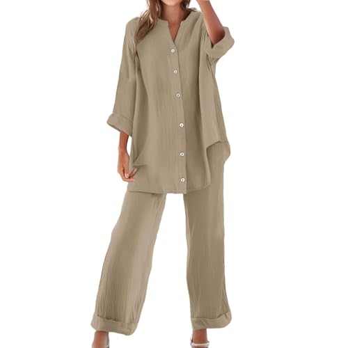 Zweiteiler Damen Sommer Musselin Set Baumwolle Leinen Hosenanzug Langarm Oberteile und Sommerhose mit Taschen Kordelzug Freizeitanzug V-Ausschnitt Bluse Weites Bein Leinenhose Two Piece Hausanzug von YULONGESS