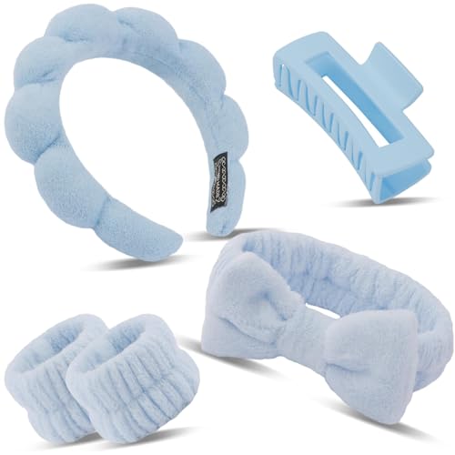 Stirnband, Stirnband Handgelenk Waschband Set, Damen Spa Haarband Haarband, Handgelenk Spa Waschband, Haarspangen Quadratisch, für Hautpflege, Gesichtsreinigung, Dusche (Blau) von YULONGWU