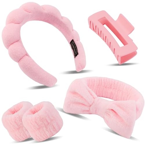 Stirnband, Stirnband Handgelenk Waschband Set, Damen Spa Haarband Haarband, Handgelenk Spa Waschband, Haarspangen Quadratisch, für Hautpflege, Gesichtsreinigung, Dusche (Rosa) von YULONGWU