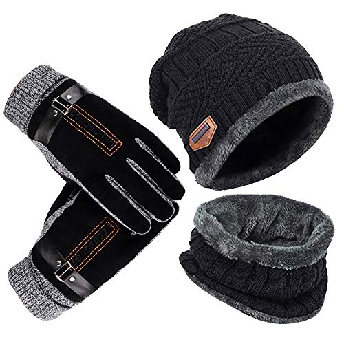 YULOONG Beanie Hut Schal Handschuhe Set Winter Strickmütze Halswärmer Touchscreen Fahrhandschuhe Unisex von YULOONG