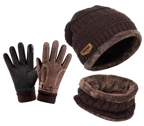 YULOONG Beanie Hut Schal Handschuhe Set Winter Strickmütze Halswärmer Touchscreen Fahrhandschuhe für Männer Frauen Bbraun von YULOONG