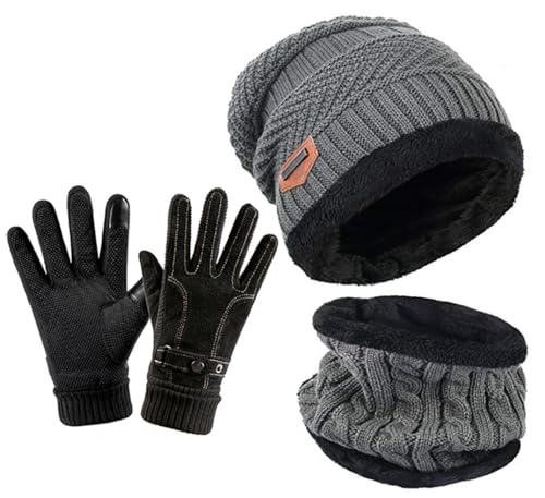 YULOONG Beanie Hut Schal Handschuhe Set Winter Strickmütze Halswärmer Touchscreen Fahrhandschuhe für Männer Frauen Grau von YULOONG