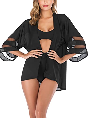 YULOONG Damen Chiffon Cover-Ups Blumen Kimono durchsichtige Strickjacken Schal Sommer Strand Bademode Mesh Einsätze Ärmel A1 M von YULOONG