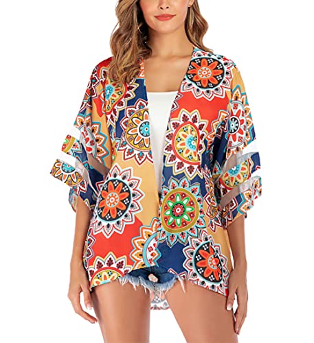 YULOONG Damen Chiffon Cover-Ups Blumen Kimono durchsichtige Strickjacken Schal Sommer Strand Bademode Mesh Einsätze Ärmel B6 3XL von YULOONG