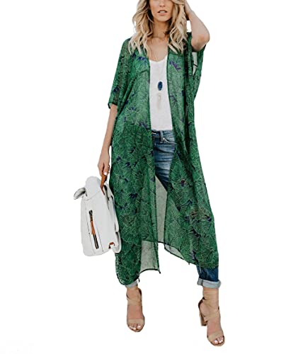 YULOONG Damen Flowy Kimono Floral Cardigan Open Front Maxikleid Loose Beach Coverups Chiffon Badeanzug Cover Up Plus Size A 5XL von YULOONG