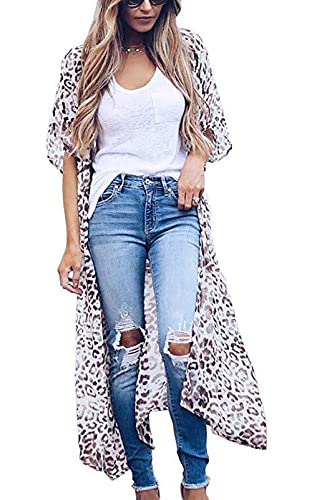 YULOONG Damen Flowy Kimono Floral Cardigan Open Front Maxikleid Loose Beach Coverups Chiffon Badeanzug Cover Up Plus Size C XXL von YULOONG