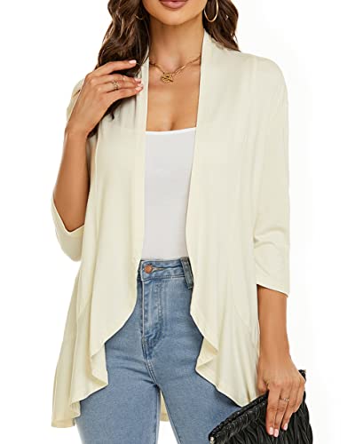 YULOONG Damen Herbst Cardigan Einfarbig Sommer Lässig Leicht Vertuschungen 3/4 Ärmel Vorne Offen Drapiert Rüschen Frühling Top Beige 2XL von YULOONG