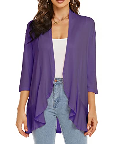 YULOONG Damen Herbst Cardigan Einfarbig Sommer Lässig Leicht Vertuschungen 3/4 Ärmel Vorne Offen Drapiert Rüschen Frühling Top Dunkelviolett 2XL von YULOONG