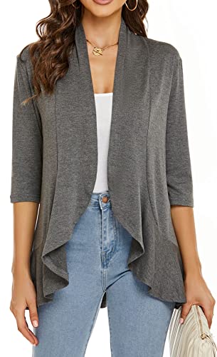 YULOONG Damen Herbst Cardigan Einfarbig Sommer Lässig Leicht Vertuschungen 3/4 Ärmel Vorne Offen Drapiert Rüschen Frühling Top Grau L von YULOONG