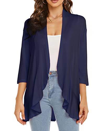 YULOONG Damen Herbst Cardigan Einfarbig Sommer Lässig Leicht Vertuschungen 3/4 Ärmel Vorne Offen Drapiert Rüschen Frühling Top Navyblau 3XL von YULOONG