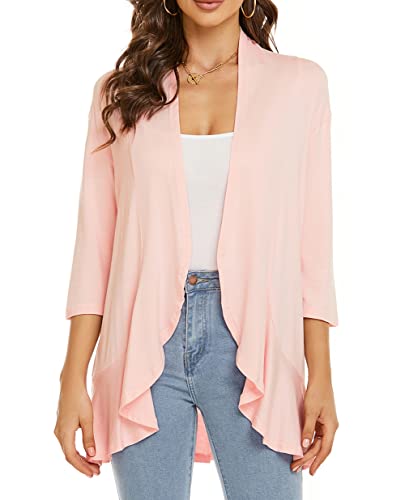 YULOONG Damen Herbst Cardigan Einfarbig Sommer Lässig Leicht Vertuschungen 3/4 Ärmel Vorne Offen Drapiert Rüschen Frühling Top Rosa 2XL von YULOONG