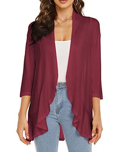 YULOONG Damen Herbst Cardigan Einfarbig Sommer Lässig Leicht Vertuschungen 3/4 Ärmel Vorne Offen Drapiert Rüschen Frühling Top Rot 2XL von YULOONG