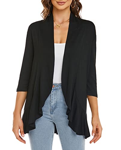 YULOONG Damen Herbst Cardigan Einfarbig Sommer Lässig Leicht Vertuschungen 3/4 Ärmel Vorne Offen Drapiert Rüschen Frühling Top Schwarz 2XL von YULOONG