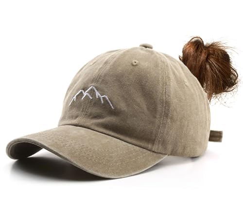 YULOONG Damen Pferdeschwanz Baseball Cap Mountain Peak Stickerei Baseball Cap Retro Gewaschene Baumwolle Hut Sonnenschutz Cap Einstellbare Tennis Golf Sport Cap Khaki von YULOONG