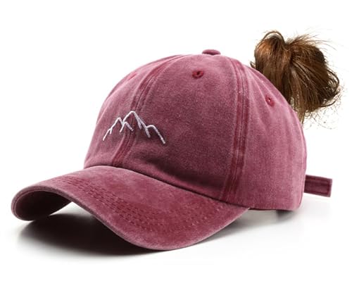 YULOONG Damen Pferdeschwanz Baseball Cap Mountain Peak Stickerei Baseball Cap Retro Gewaschene Baumwolle Hut Sonnenschutz Cap Einstellbare Tennis Golf Sport Cap Rot von YULOONG