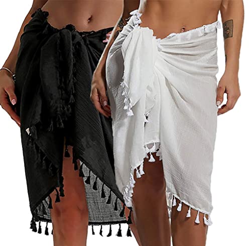 YULOONG Damen Strand Wrap Röcke Kurze Fransen Schürze Sarong Chiffon Bademode Cover Ups Sexy Bikini Wrap C Schwarz Weiß von YULOONG