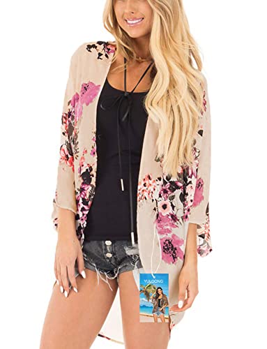 YULOONG Damenmode Bademode Vertuschung Chiffon Blumendruck Kimono Lose Schal Strickjacke Sommer Bluse Bademode Capes, Beige, S von YULOONG