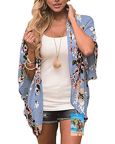 YULOONG Damenmode Bademode Vertuschung Chiffon Blumendruck Kimono Lose Schal Strickjacke Sommer Bluse Bademode Capes, Blau, M von YULOONG