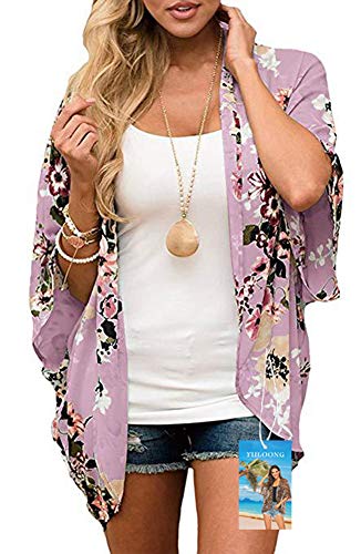 YULOONG Damenmode Bademode Vertuschung Chiffon Blumendruck Kimono Lose Schal Strickjacke Sommer Bluse Bademode Capes, Dunkelpink, L von YULOONG