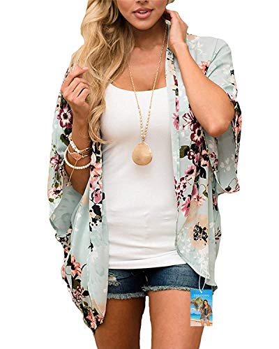 YULOONG Damenmode Bademode Vertuschung Chiffon Blumendruck Kimono Lose Schal Strickjacke Sommer Bluse Bademode Capes, Grün, 3XL von YULOONG