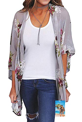 YULOONG Damenmode Bademode Vertuschung Chiffon Blumendruck Kimono Lose Schal Strickjacke Sommer Bluse Bademode Capes, Hellgrau, 3XL von YULOONG