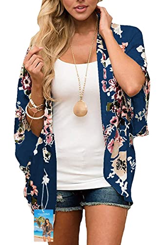 YULOONG Damenmode Bademode Vertuschung Chiffon Blumendruck Kimono Lose Schal Strickjacke Sommer Bluse Bademode Capes, Marine, 3XL von YULOONG